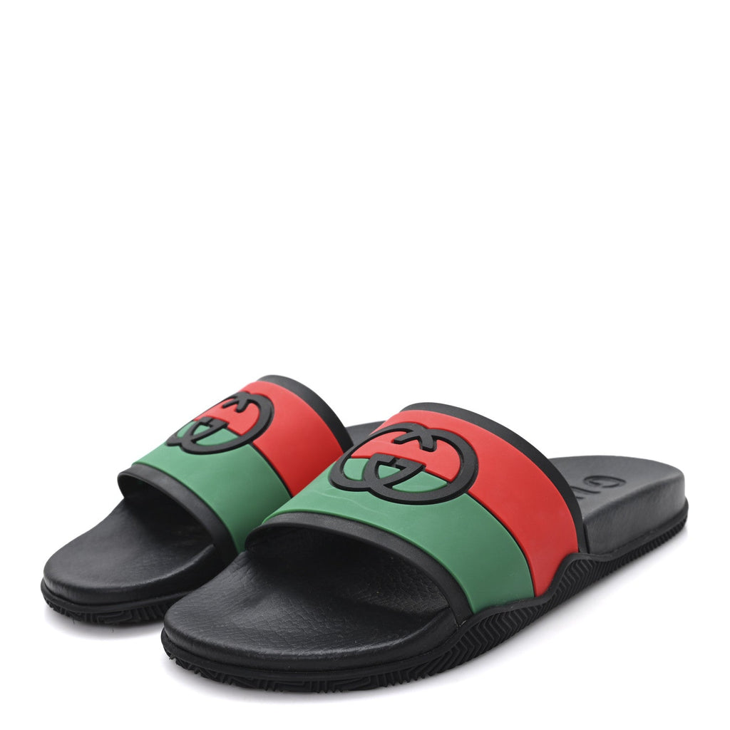 Gucci Rubber Web Womens Interlocking G Slide Sandals 40 Black Green Red