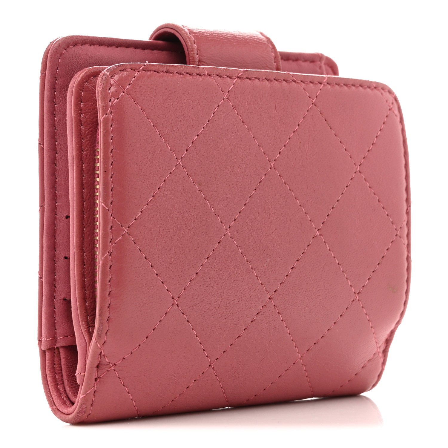 Calfskin Quilted Zip Around Bifold Wallet Pink