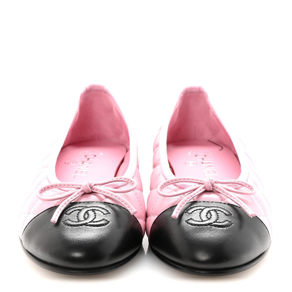Lambskin Quilted CC Cap Toe Ballerina Flats 37.5 Pink Black