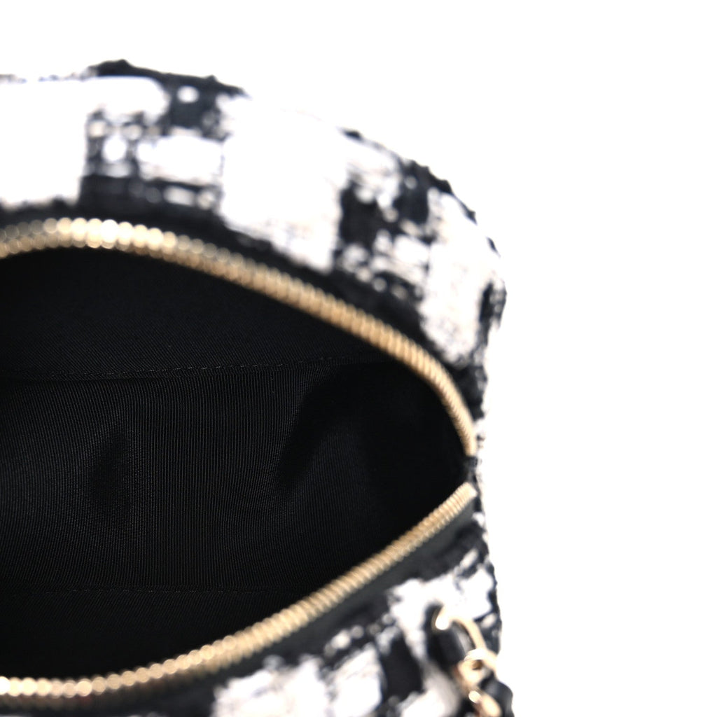 Chanel Tweed Quilted Round Clutch With Chain Black Ecru White