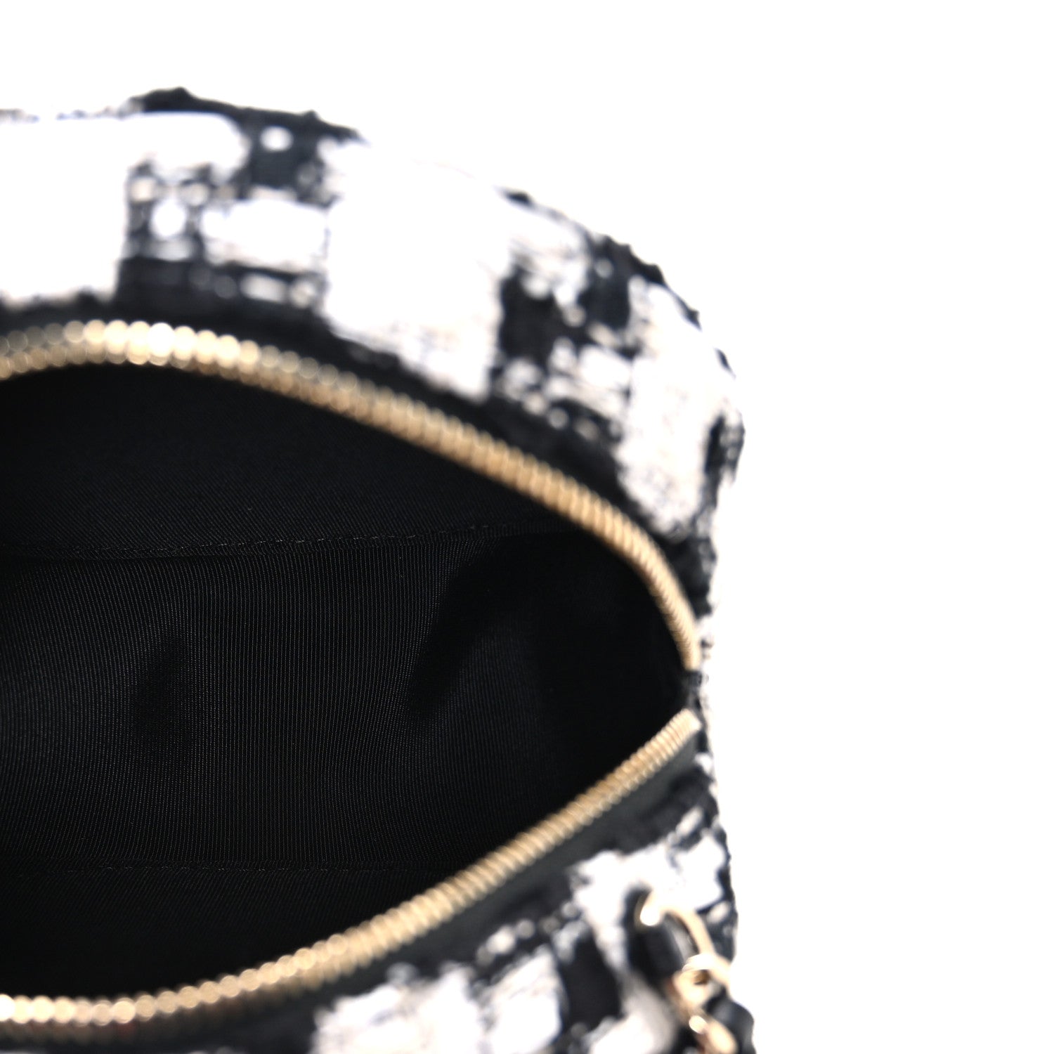 Chanel Tweed Quilted Round Clutch With Chain Black Ecru White