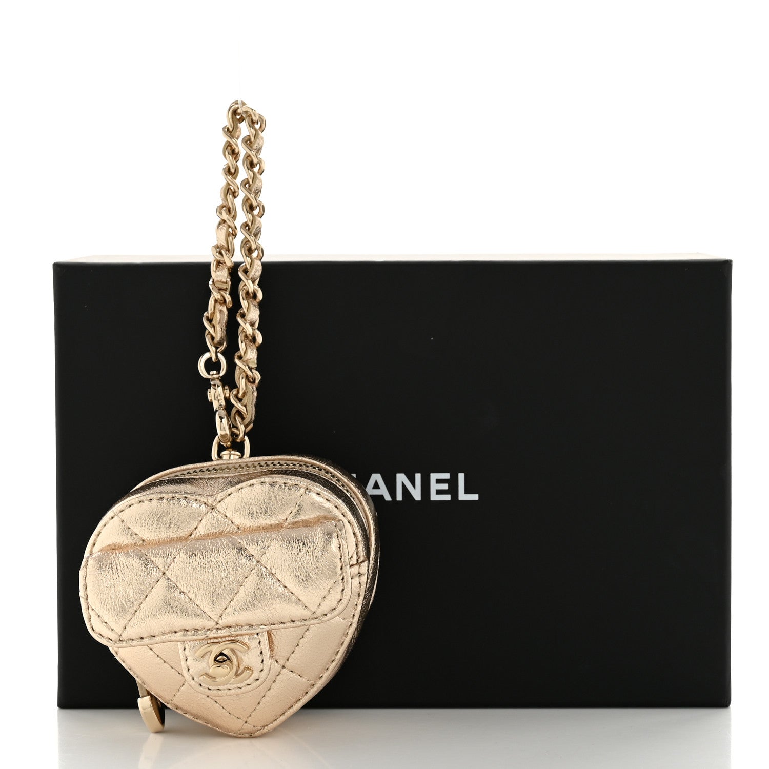 Metallic Lambskin Quilted CC Mini In Love Heart Bag Charm Gold