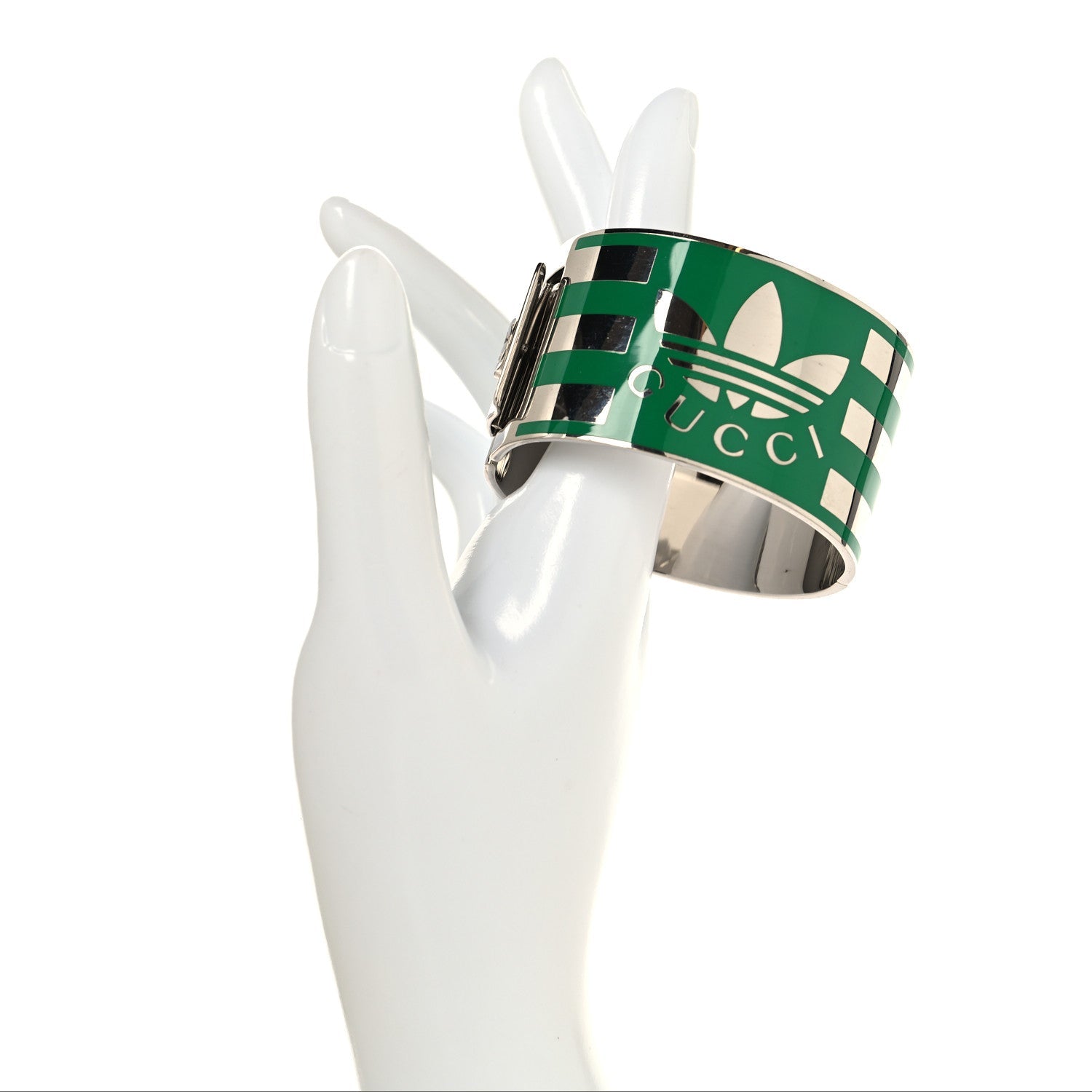 Gucci X ADIDAS Metal Enamel Cuff Bracelet S Silver Green