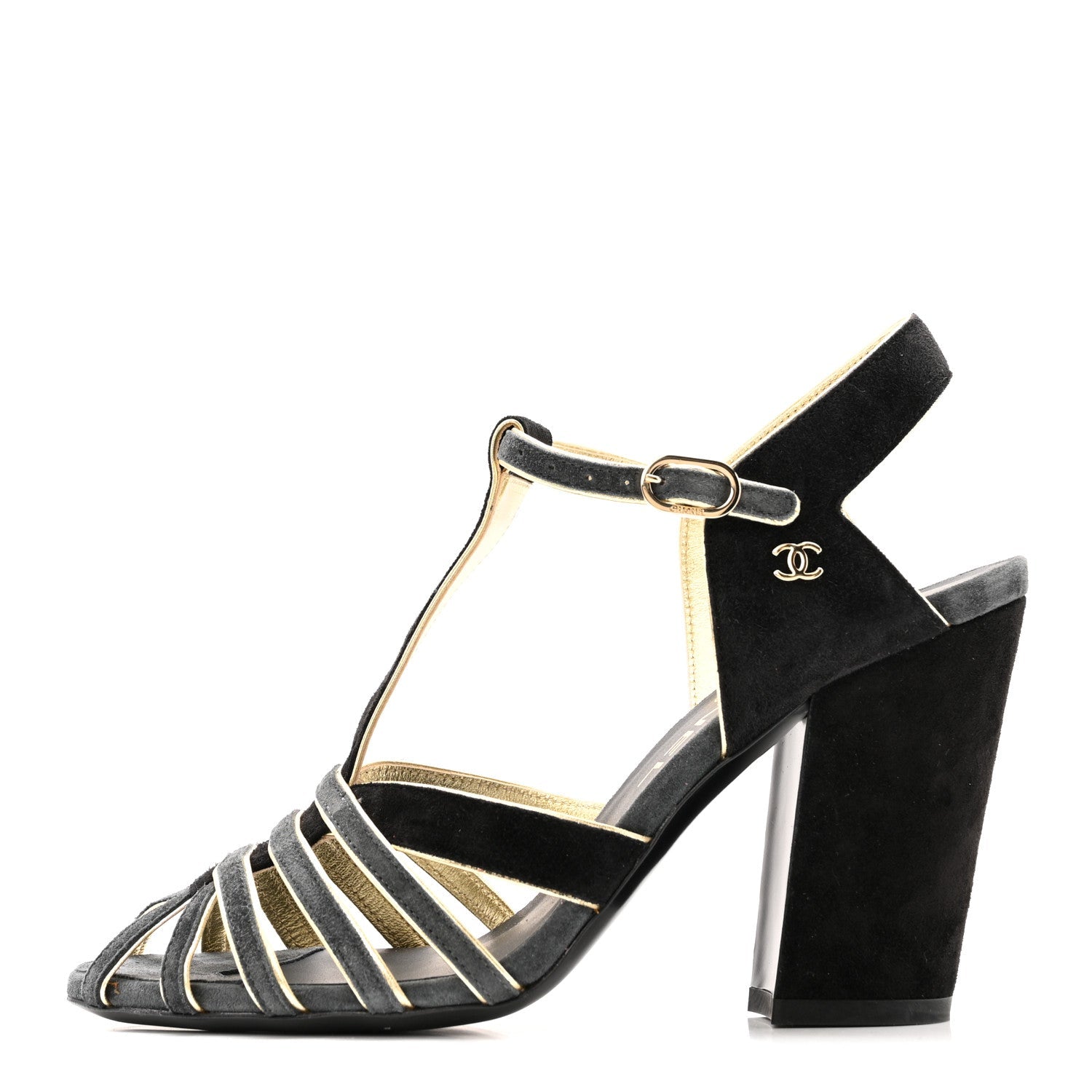 Chanel Suede Calfskin Peep Toe Ankle Strap Pumps 37 Black Grey