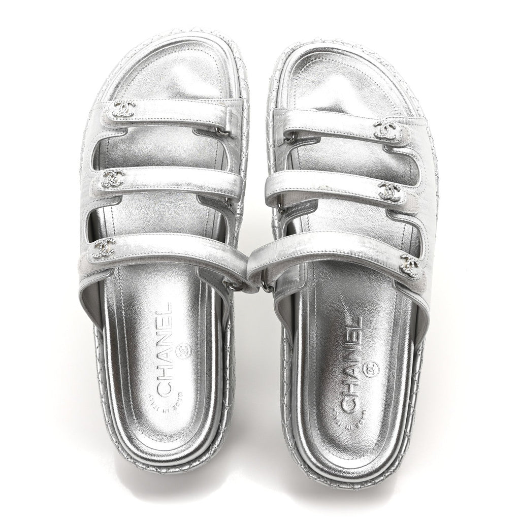Laminated Lambskin Quilted Velcro Crystal CC Dad Slide Sandals 40 Silver