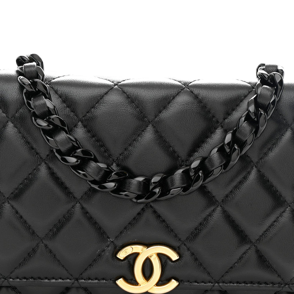 Chanel Lambskin Resin Quilted Wallet On Chain WOC Black