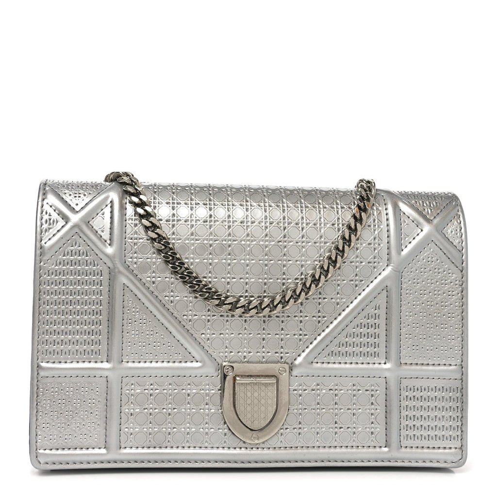 Christian Dior Metallic Patent Micro-Cannage Diorama Wallet on Chain Pouch Silver