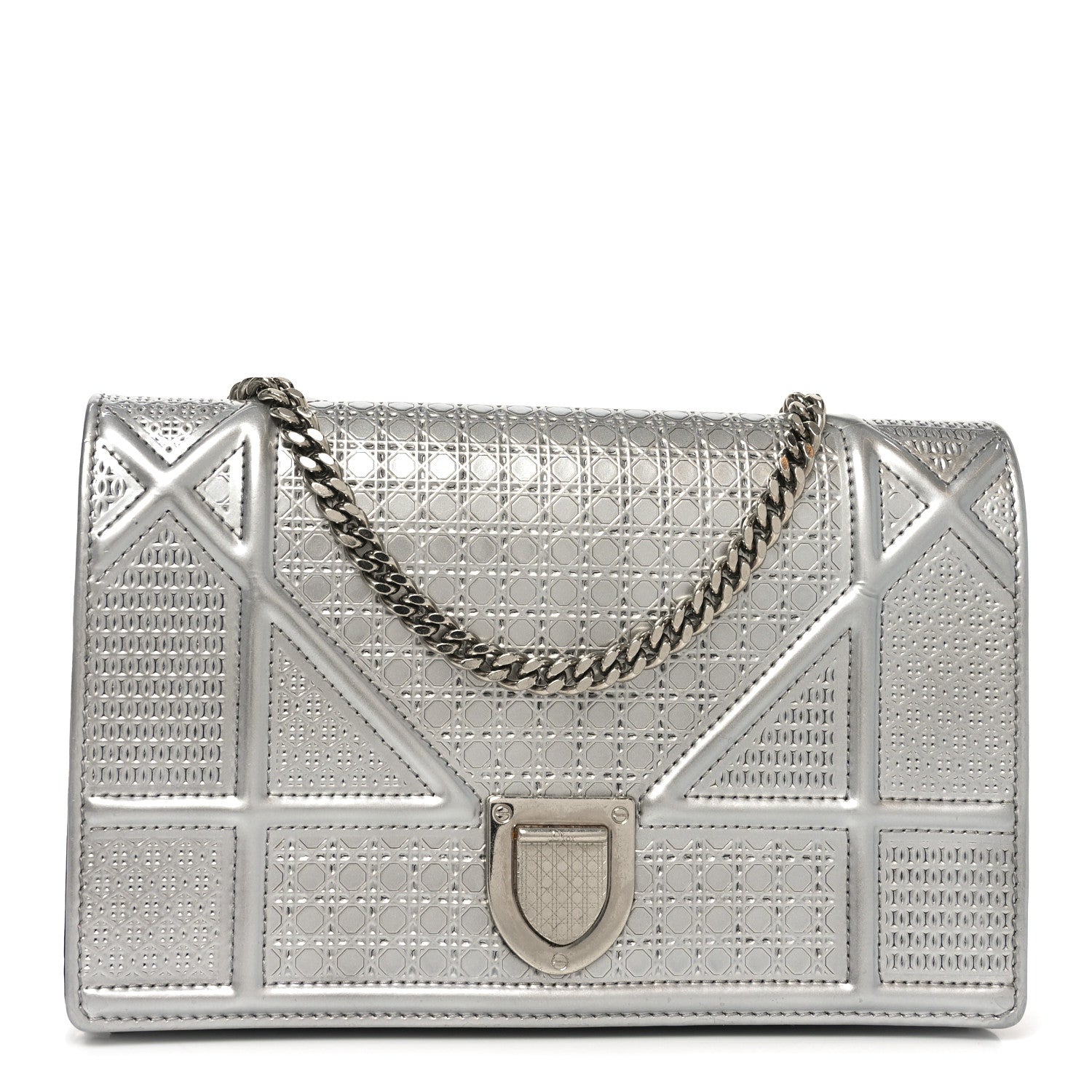 Christian Dior Metallic Patent Micro-Cannage Diorama Wallet on Chain Pouch Silver