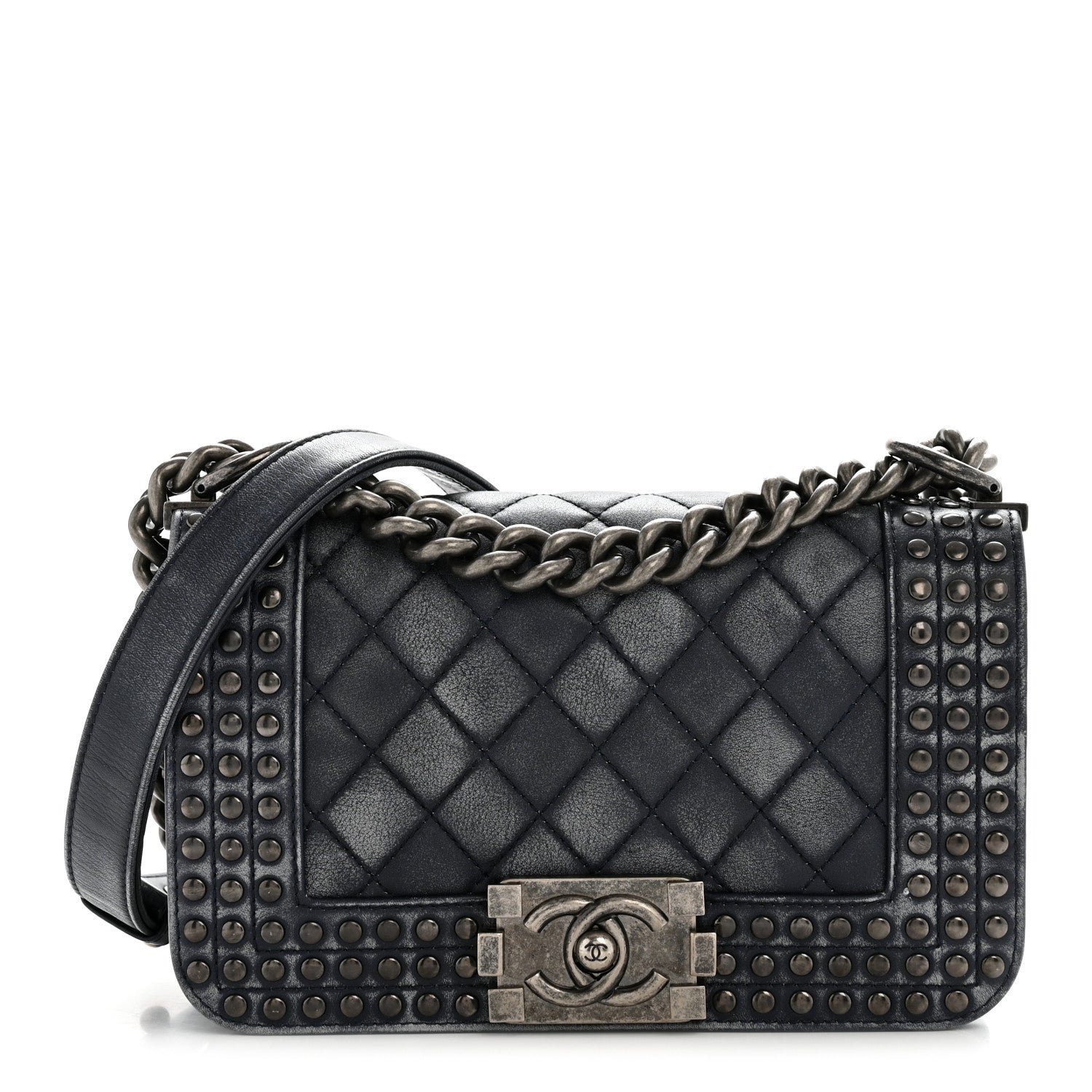Chanel Faded Calfskin Quilted Small Studded Boy Flap Navy