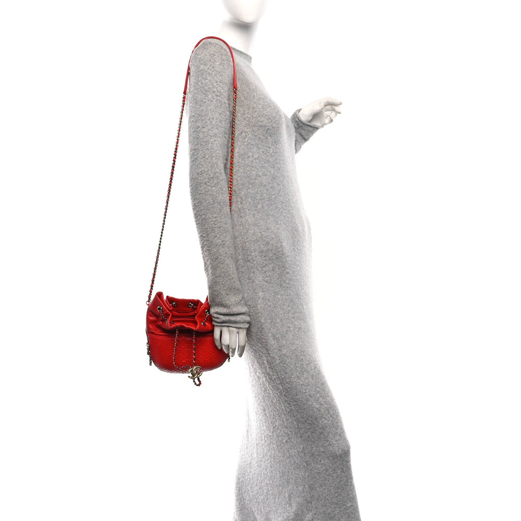 Chanel Snakeskin Calfskin Gabrielle Bucket Red