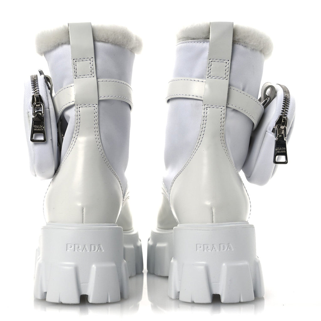 Prada Spazzolato Rois Nylon Shearling Metal Triangle Logo Monolith Pouch Pocket 55mm Boots 35.5 White
