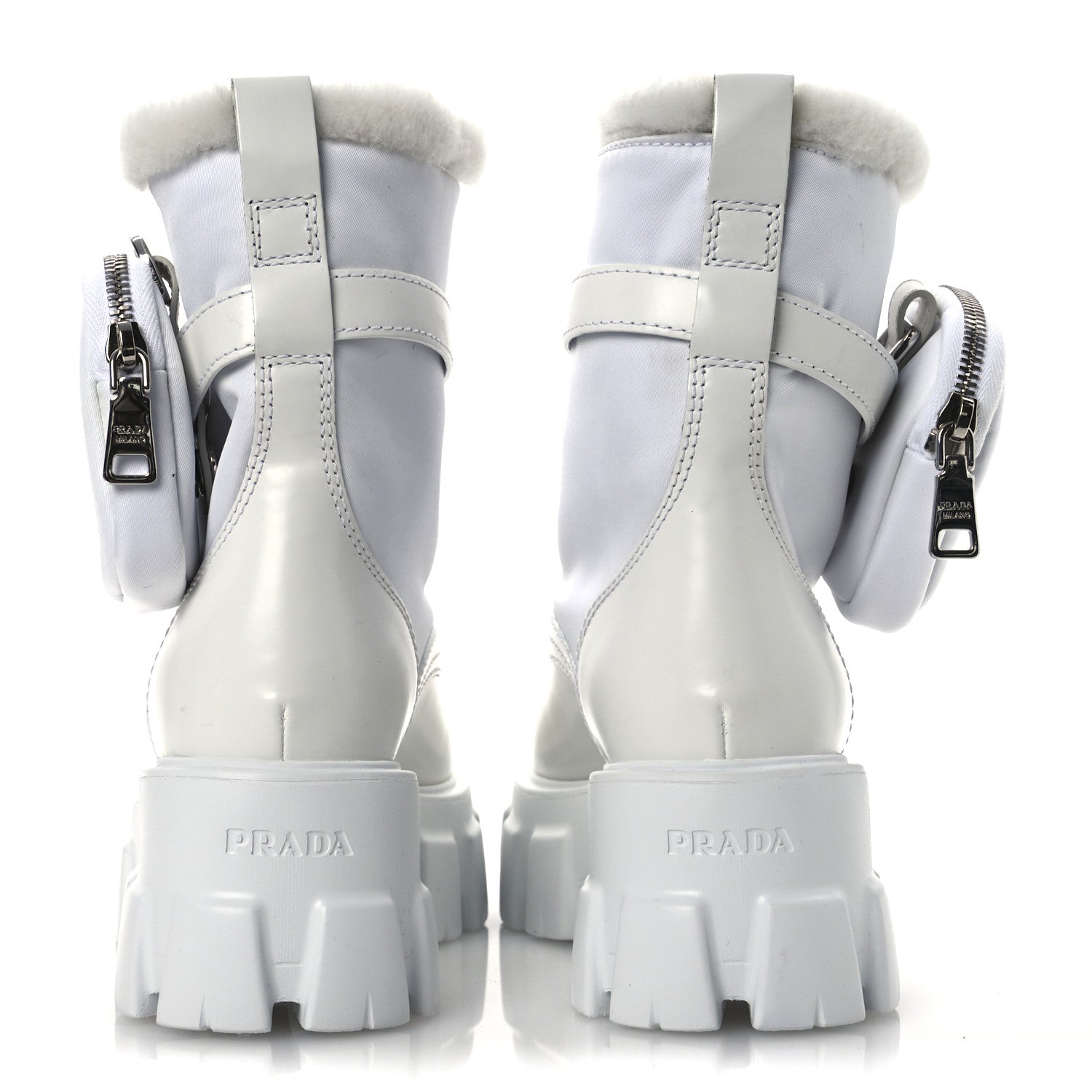 Prada Spazzolato Rois Nylon Shearling Metal Triangle Logo Monolith Pouch Pocket 55mm Boots 35.5 White