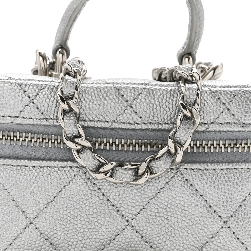 Chanel Metallic Caviar Quilted Mini Top Handle Vanity With Chain Silver