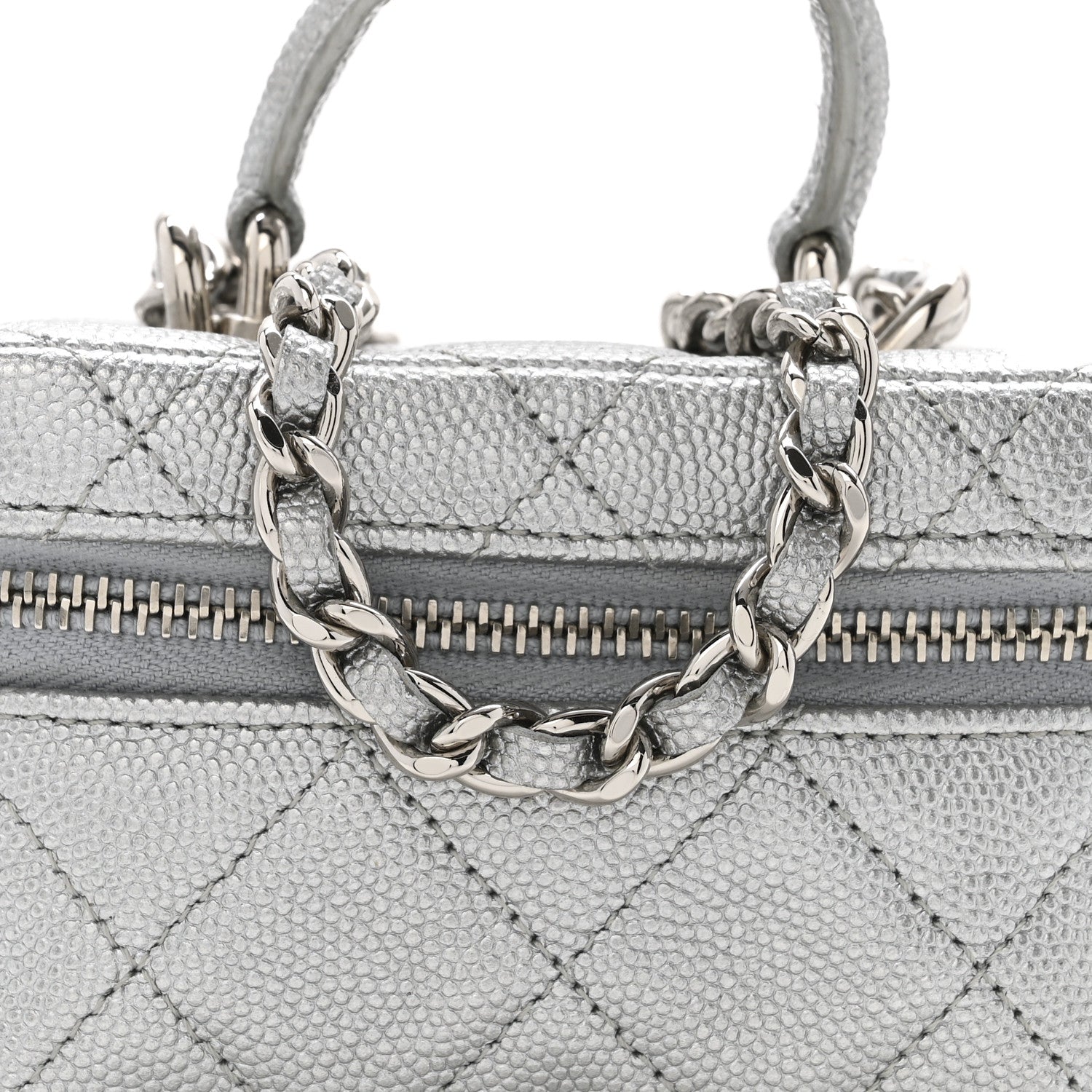 Chanel Metallic Caviar Quilted Mini Top Handle Vanity With Chain Silver