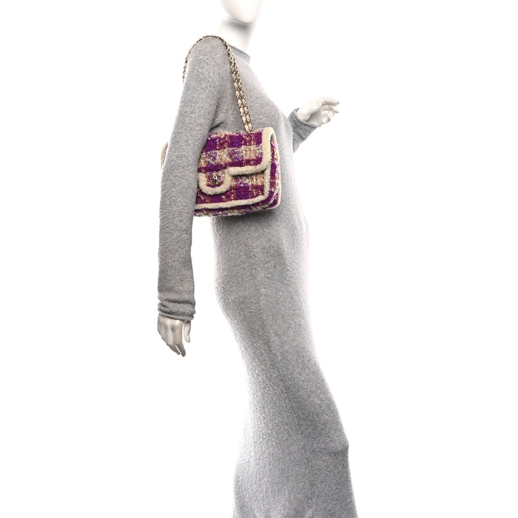 Chanel Tweed Shearling Large Flap Bag Purple Beige