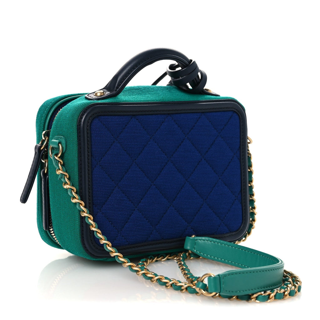 Chanel Jersey Quilted Small CC Filigree Vanity Case Blue Green