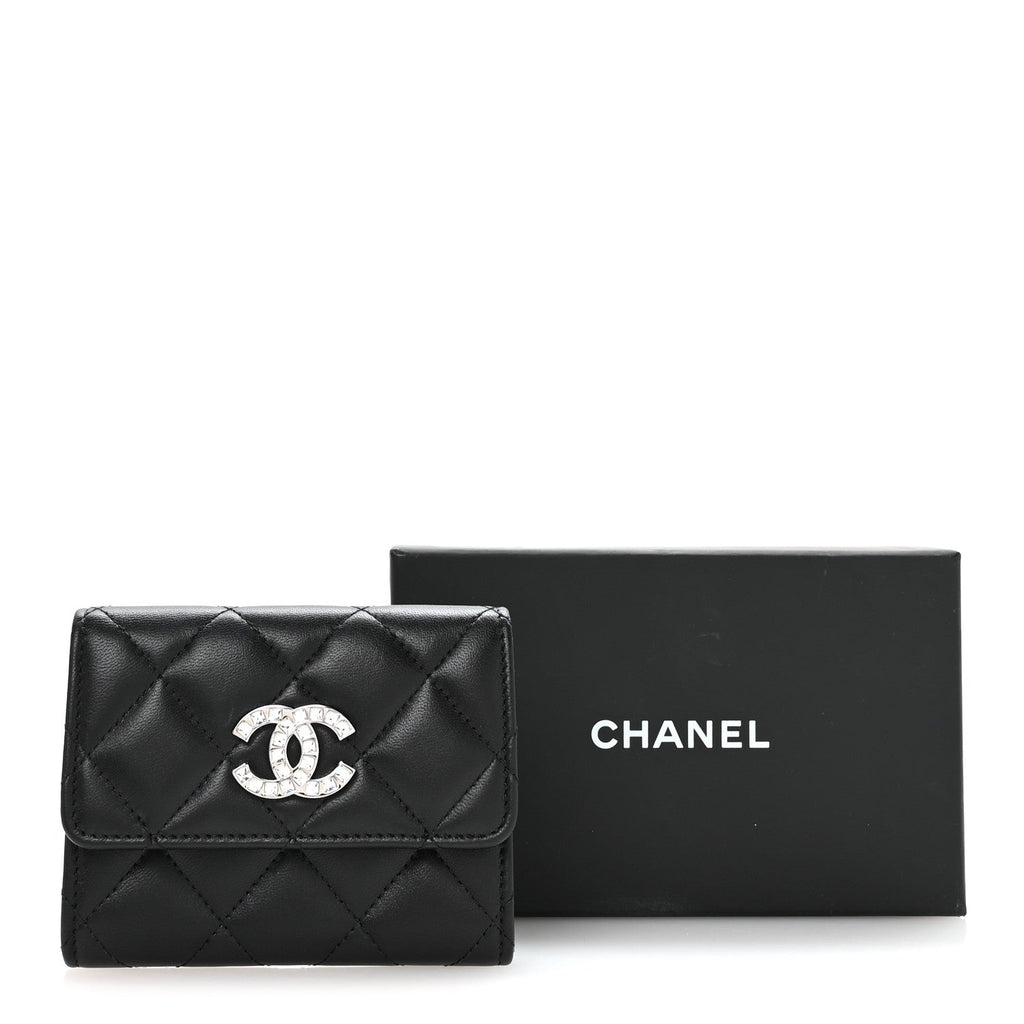Lambskin Quilted Flap Baguette Crystal Card Holder Wallet Black