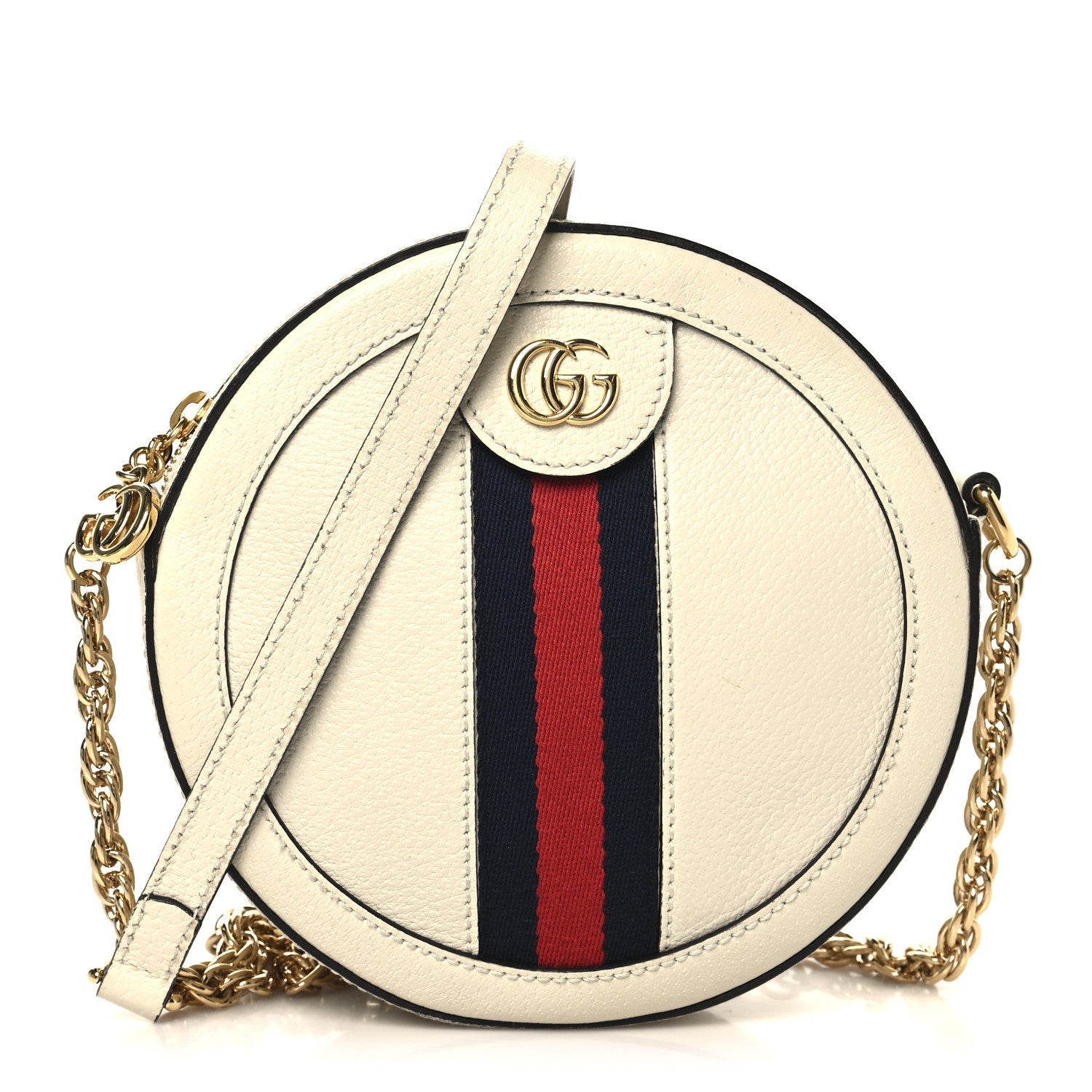 Gucci Textured Calfskin Web Mini Ophidia Round Shoulder Bag Mystic White
