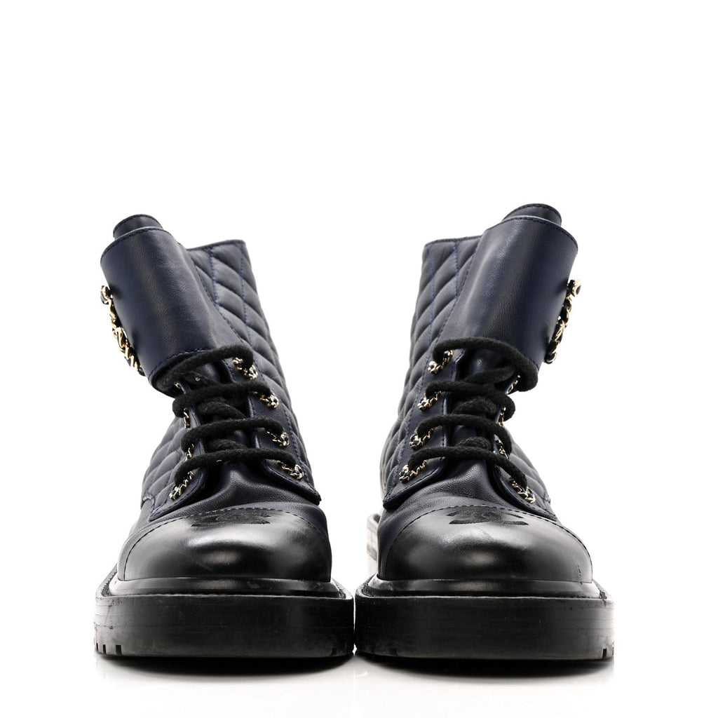 Chanel Shiny Lambskin Quilted Lace Up Combat Boots 36.5 Navy Black