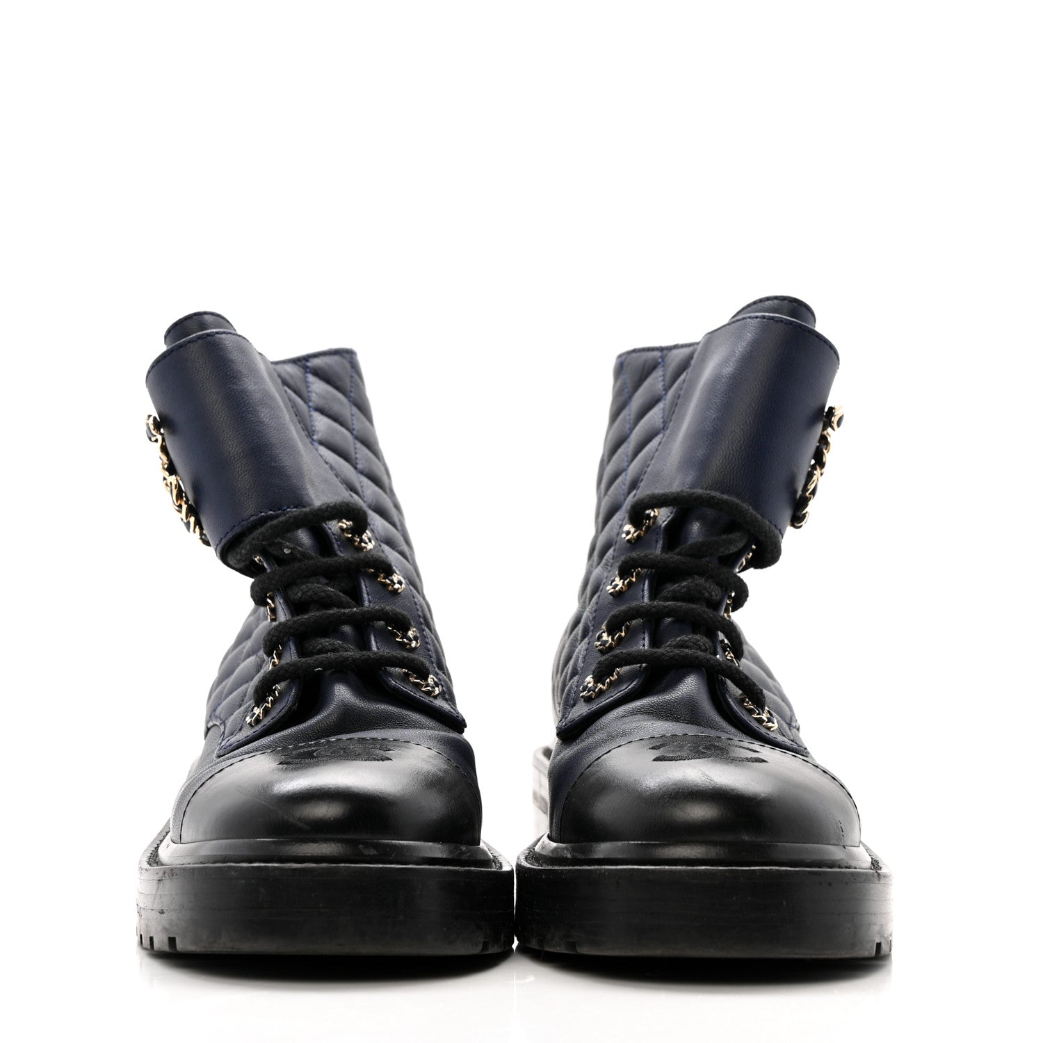 Chanel Shiny Lambskin Quilted Lace Up Combat Boots 36.5 Navy Black