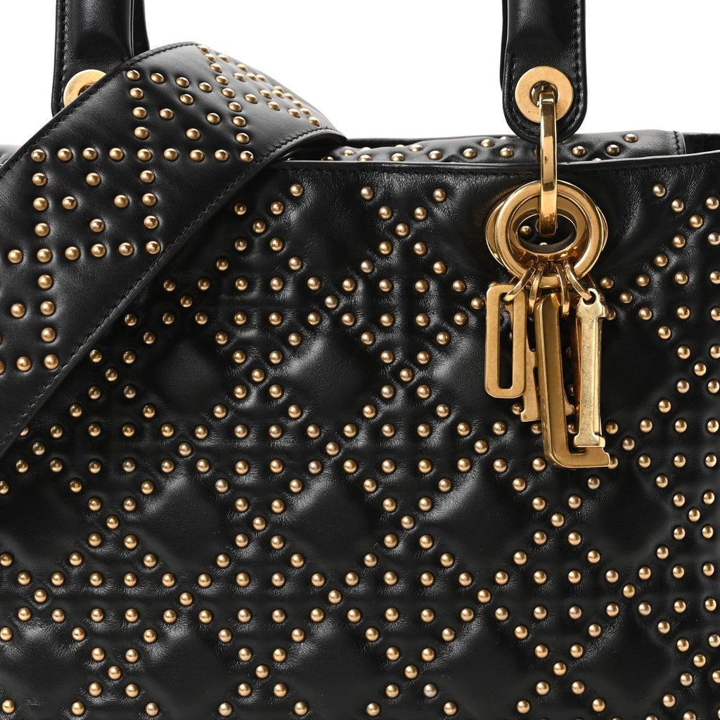 Christian Dior Calfskin Cannage Studded Medium Supple Lady Dior Black