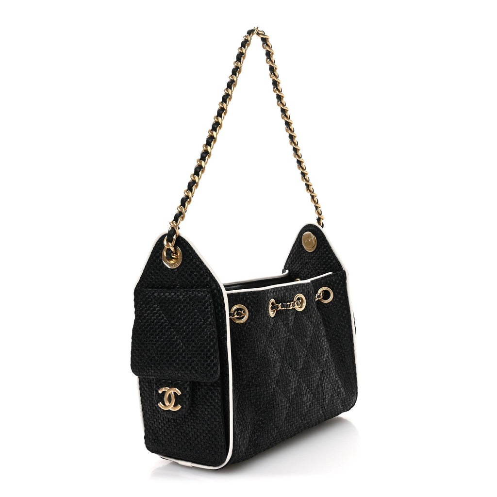 Chanel Braided Raffia Calfskin Quilted Mini Chanel 25 Handbag Black White