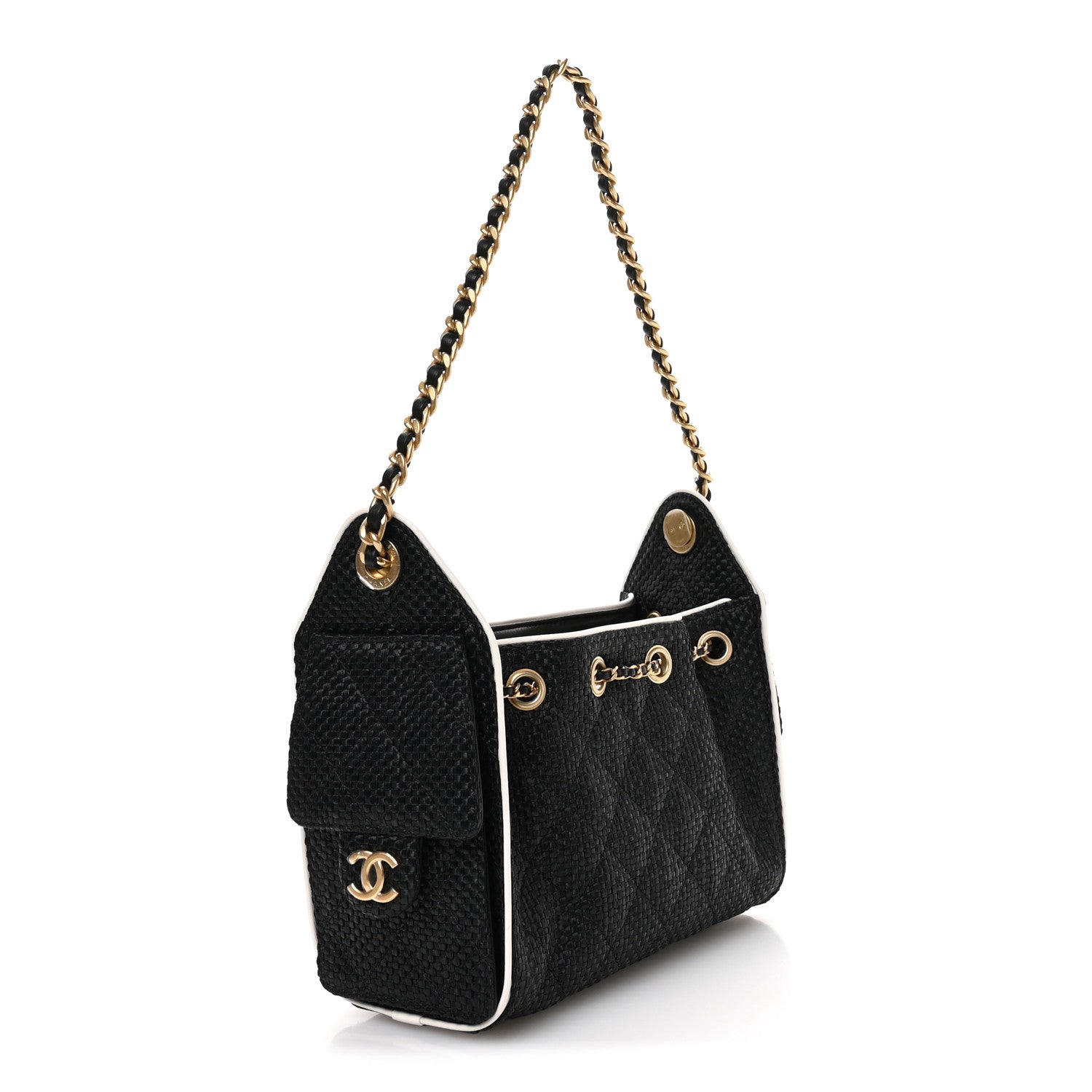 Chanel Braided Raffia Calfskin Quilted Mini Chanel 25 Handbag Black White