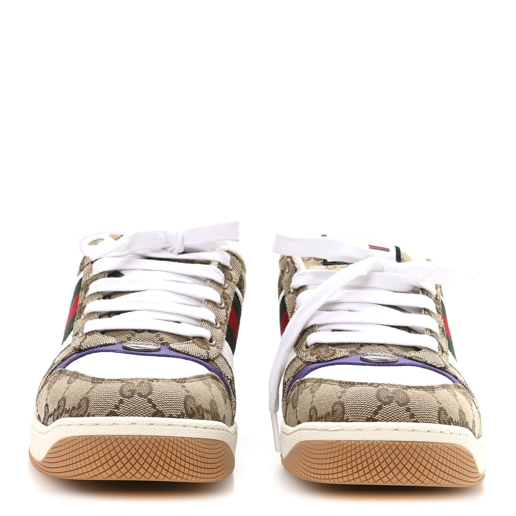 Gucci GG Supereme Monogram Calfskin Web Mens Screener Sneakers 10 Beige Ebony White Shine Purple