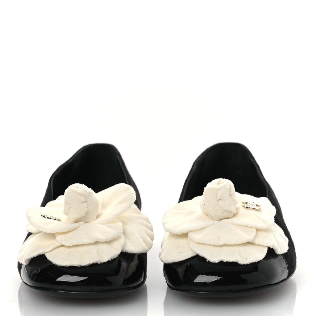 Chanel Suede Patent Cap Toe Camellia Ballerina Flats 36.5 Black White
