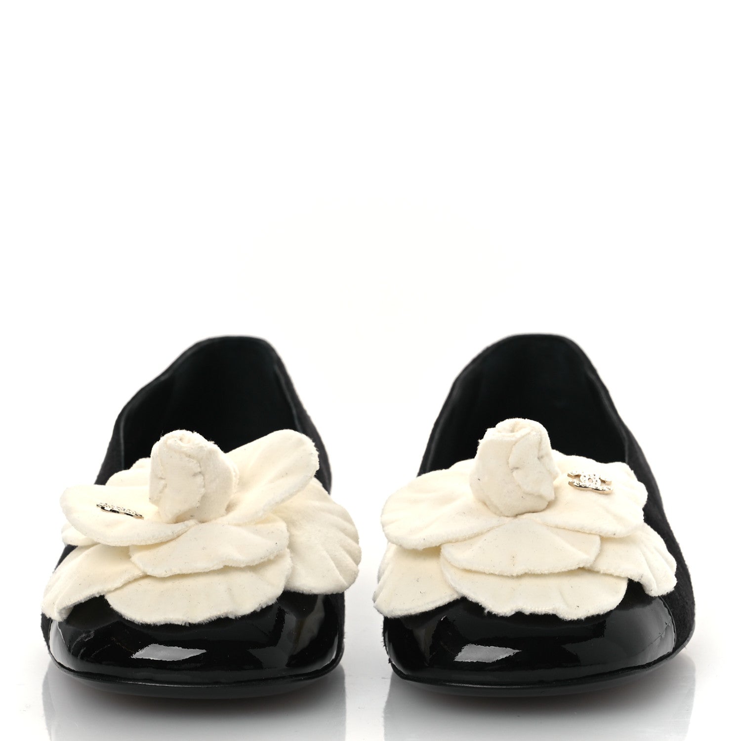 Chanel Suede Patent Cap Toe Camellia Ballerina Flats 36.5 Black White