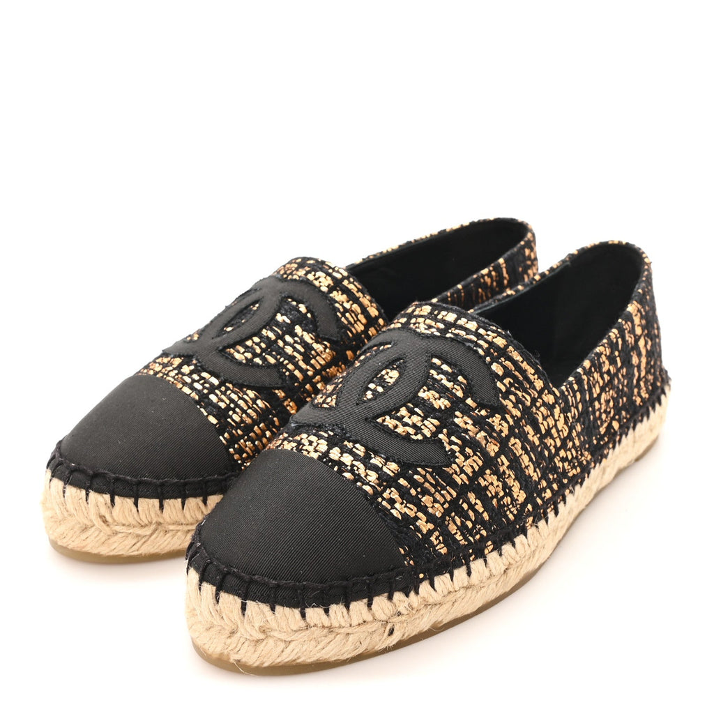 Metallic Tweed Grosgrain CC Espadrilles 38 Gold Black