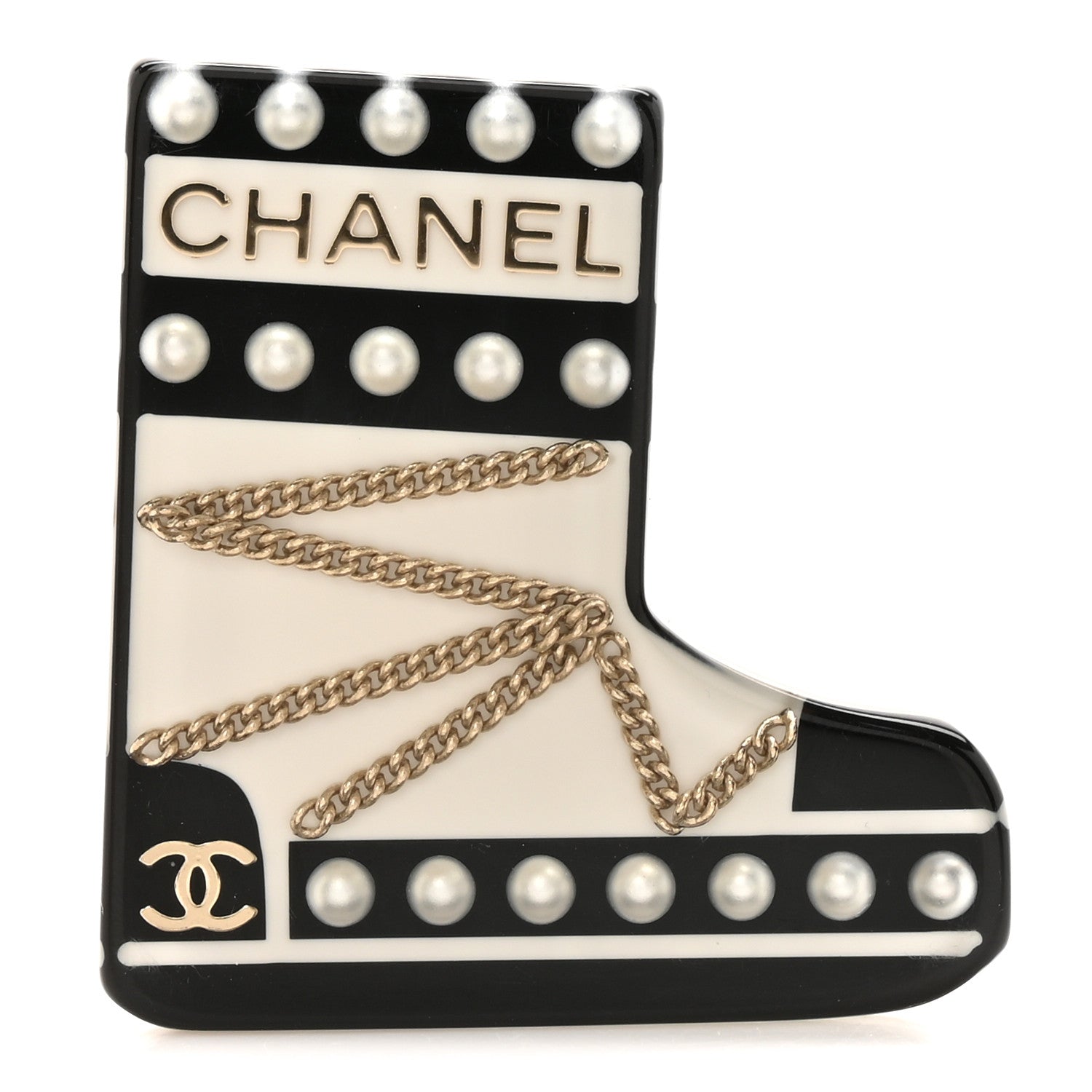 Pearl Resin CC Boot Brooch Black White Gold