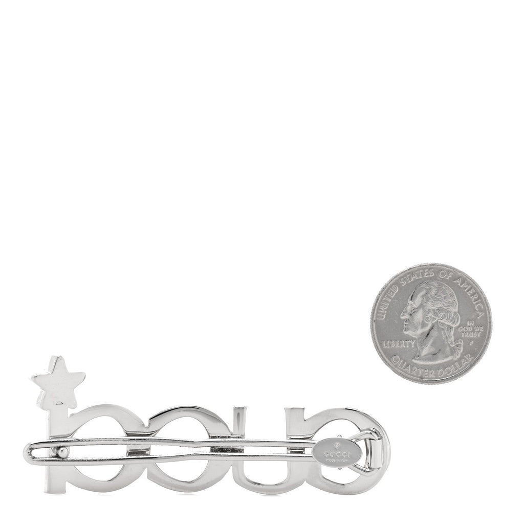 Gucci Metal Crystal Logo Hair Barrette Silver