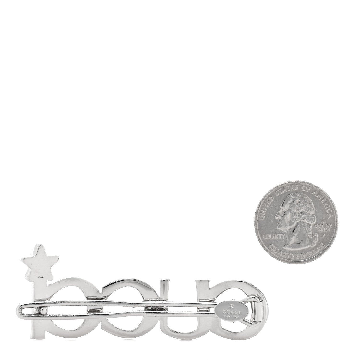 Gucci Metal Crystal Logo Hair Barrette Silver