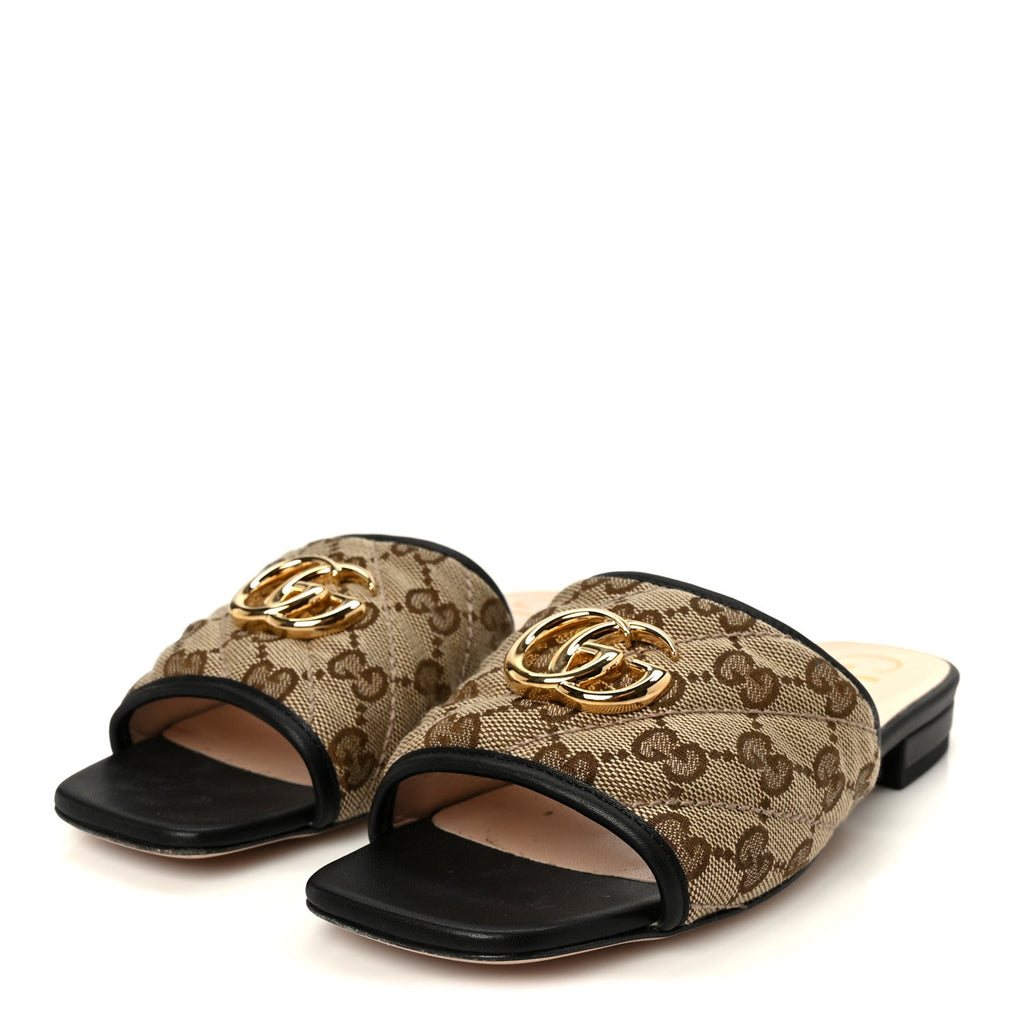 Gucci Monogram Matelasse Diagonal GG Marmont Flat Slide Sandals 35 Beige Ebony Black