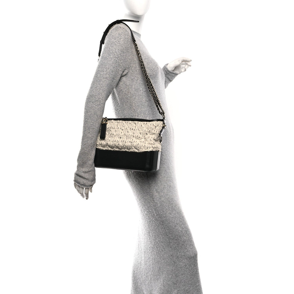 Chanel Tweed Calfskin Quilted Medium Gabrielle Hobo Ivory Black