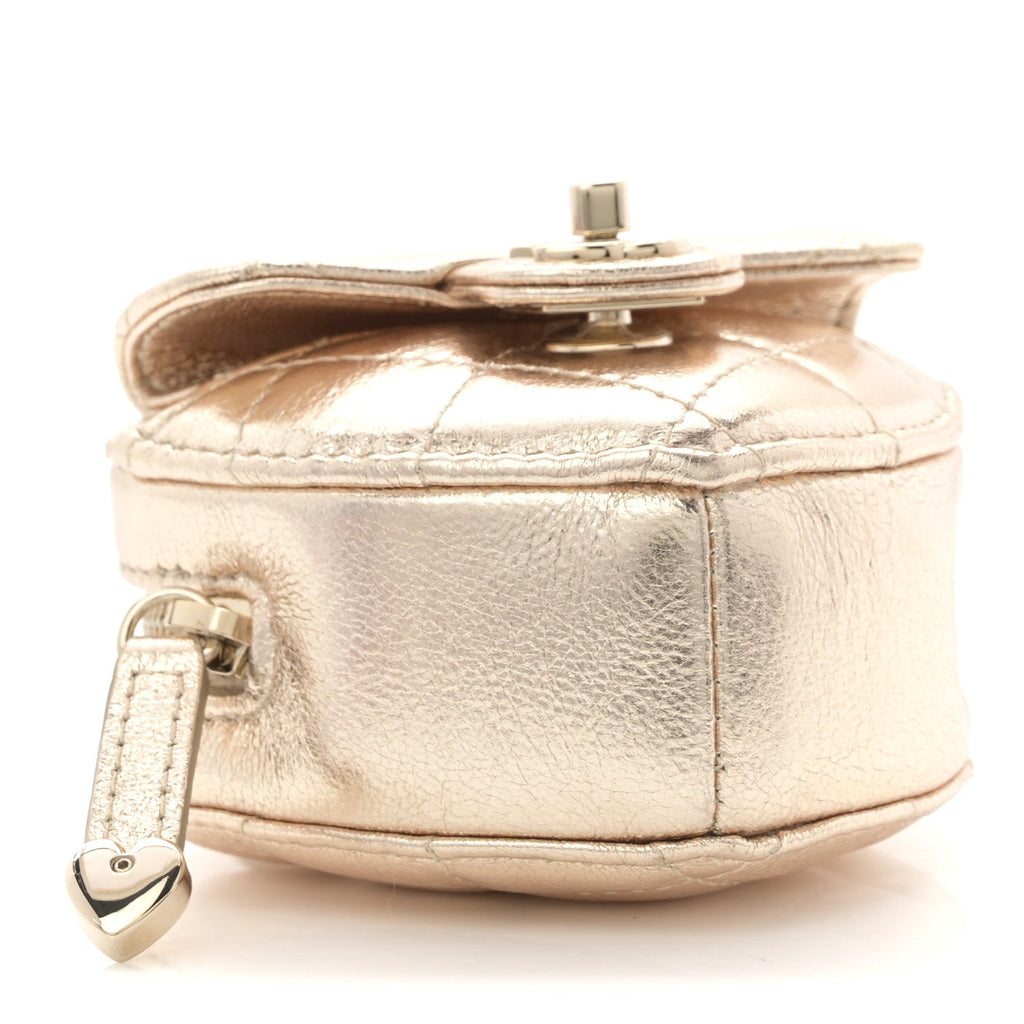 Metallic Lambskin Quilted CC In Love Mini Heart Bag Charm Gold
