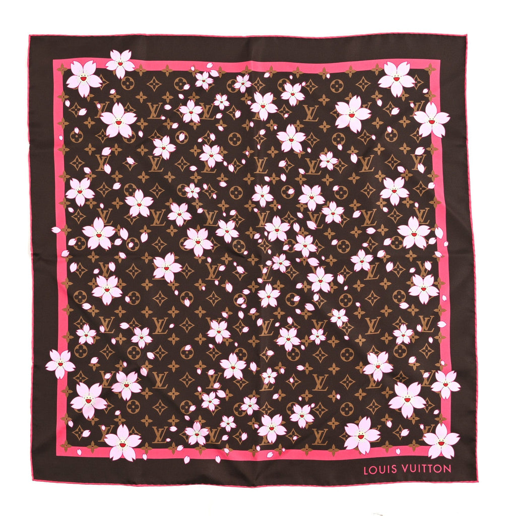 Louis Vuitton LV X TM Silk Cotton Monogram Cherry Blossom Square Scarf 70 Sakura Brown