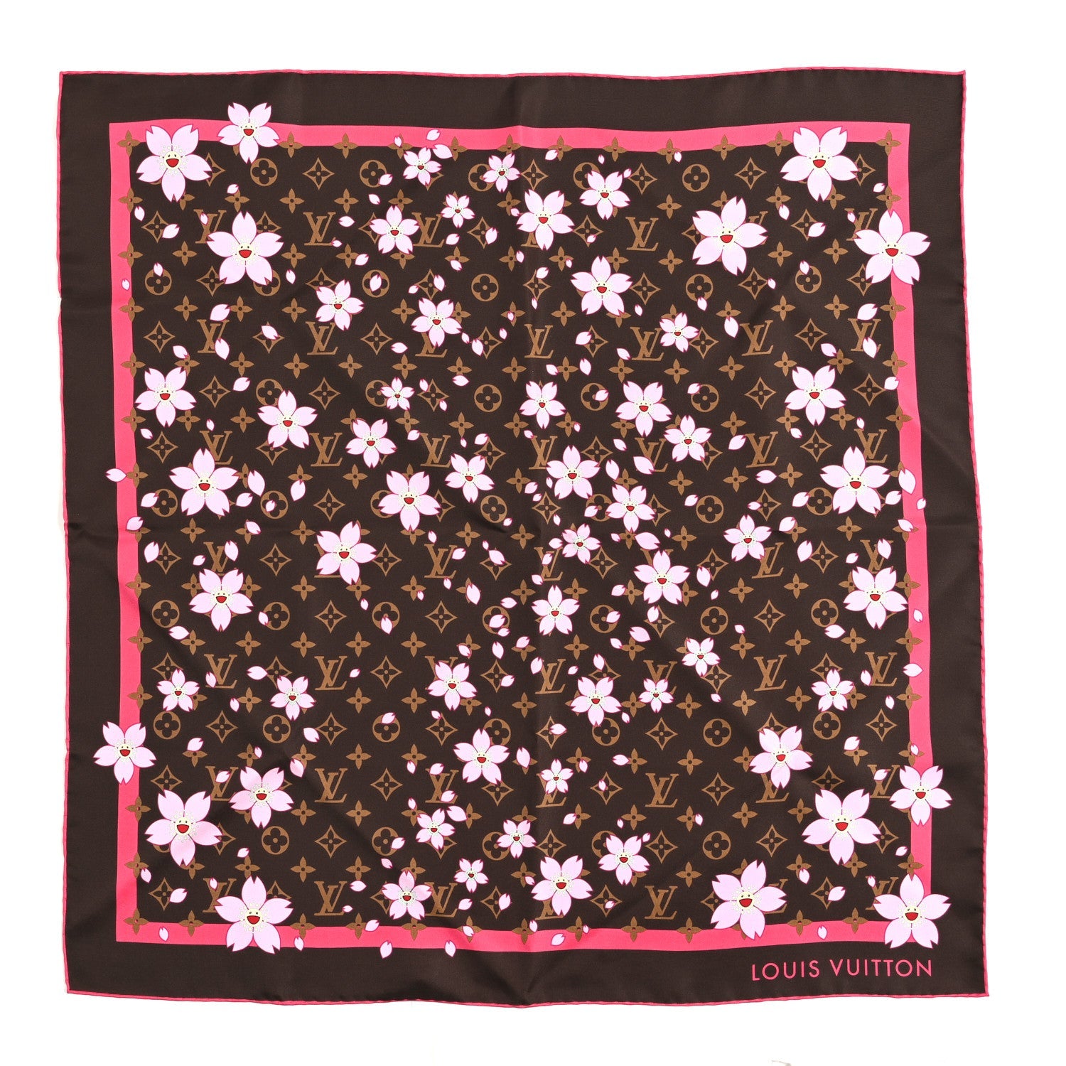 Louis Vuitton LV X TM Silk Cotton Monogram Cherry Blossom Square Scarf 70 Sakura Brown