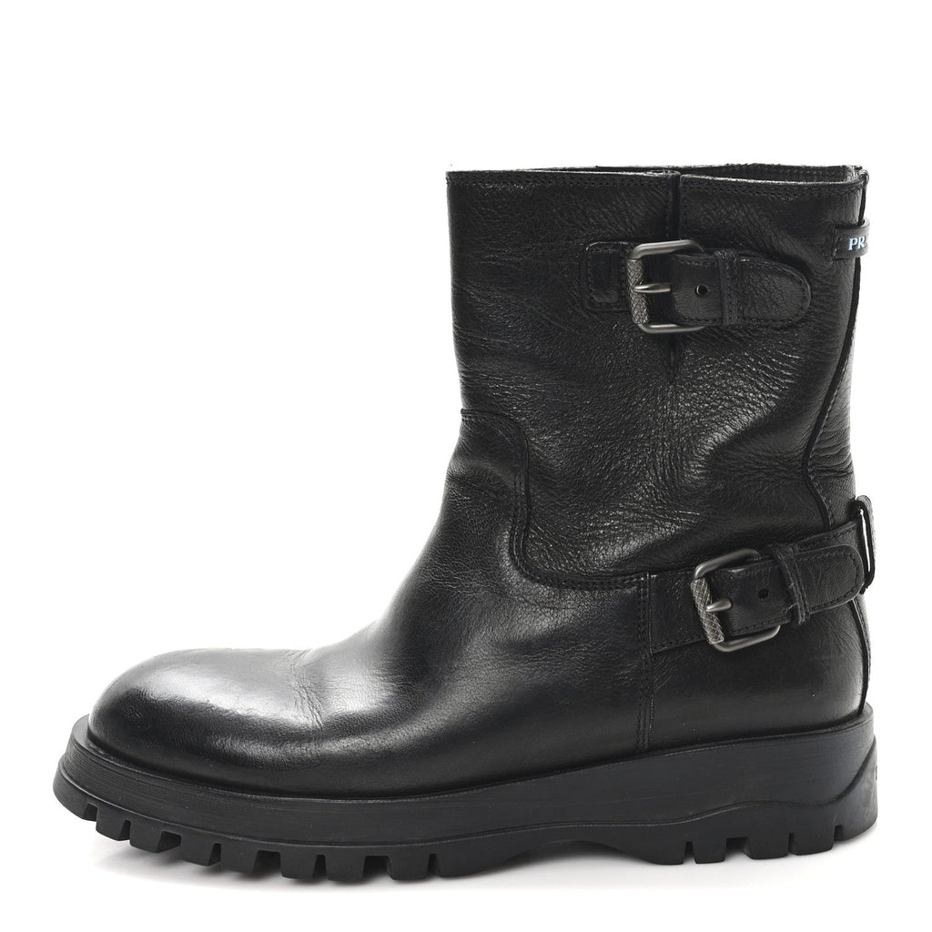 Prada Calfskin Double Buckle Combat Boots 37 Black