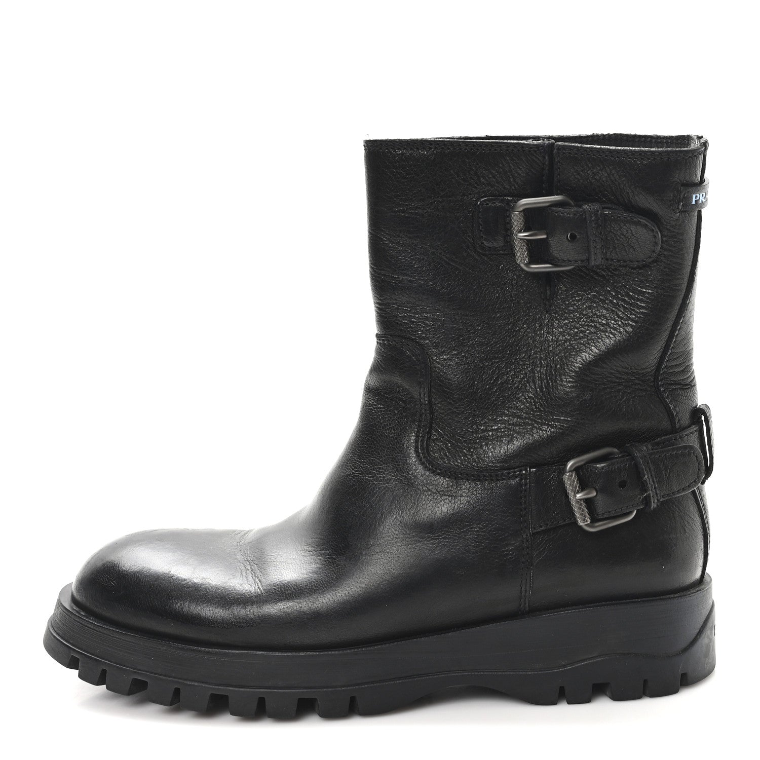 Prada Calfskin Double Buckle Combat Boots 37 Black
