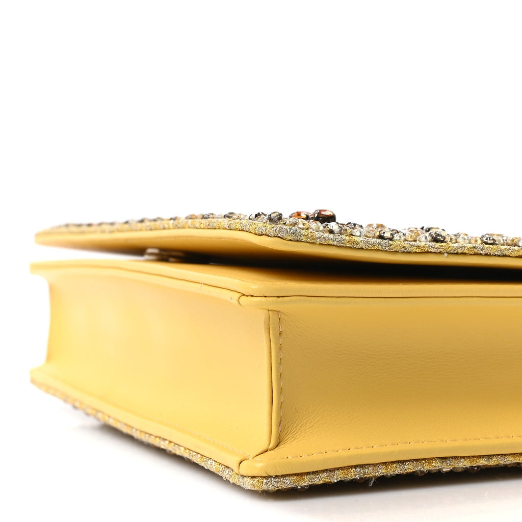 Christian Dior Calfskin Satin Bead Embroidery Lady Dior Clutch Gold Yellow