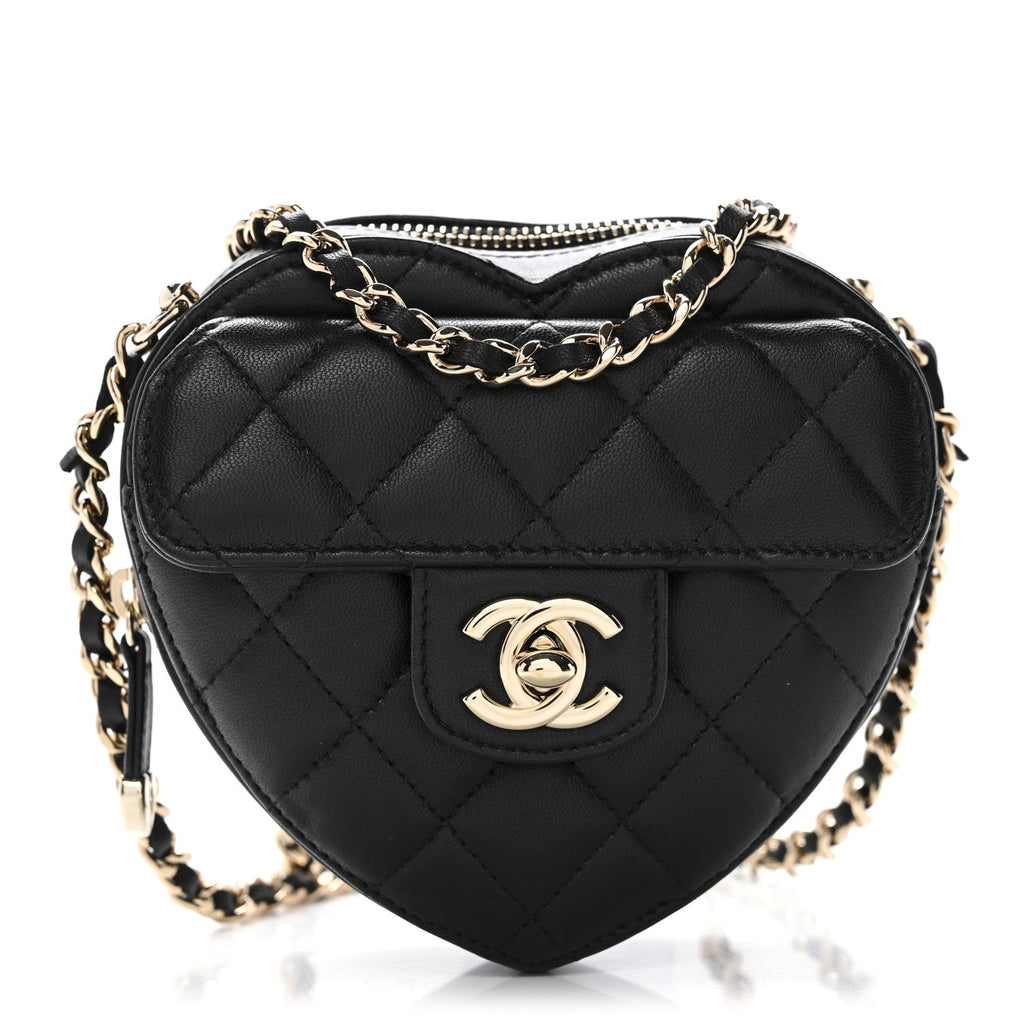 Chanel Lambskin Quilted CC In Love Heart Clutch With Chain Black
