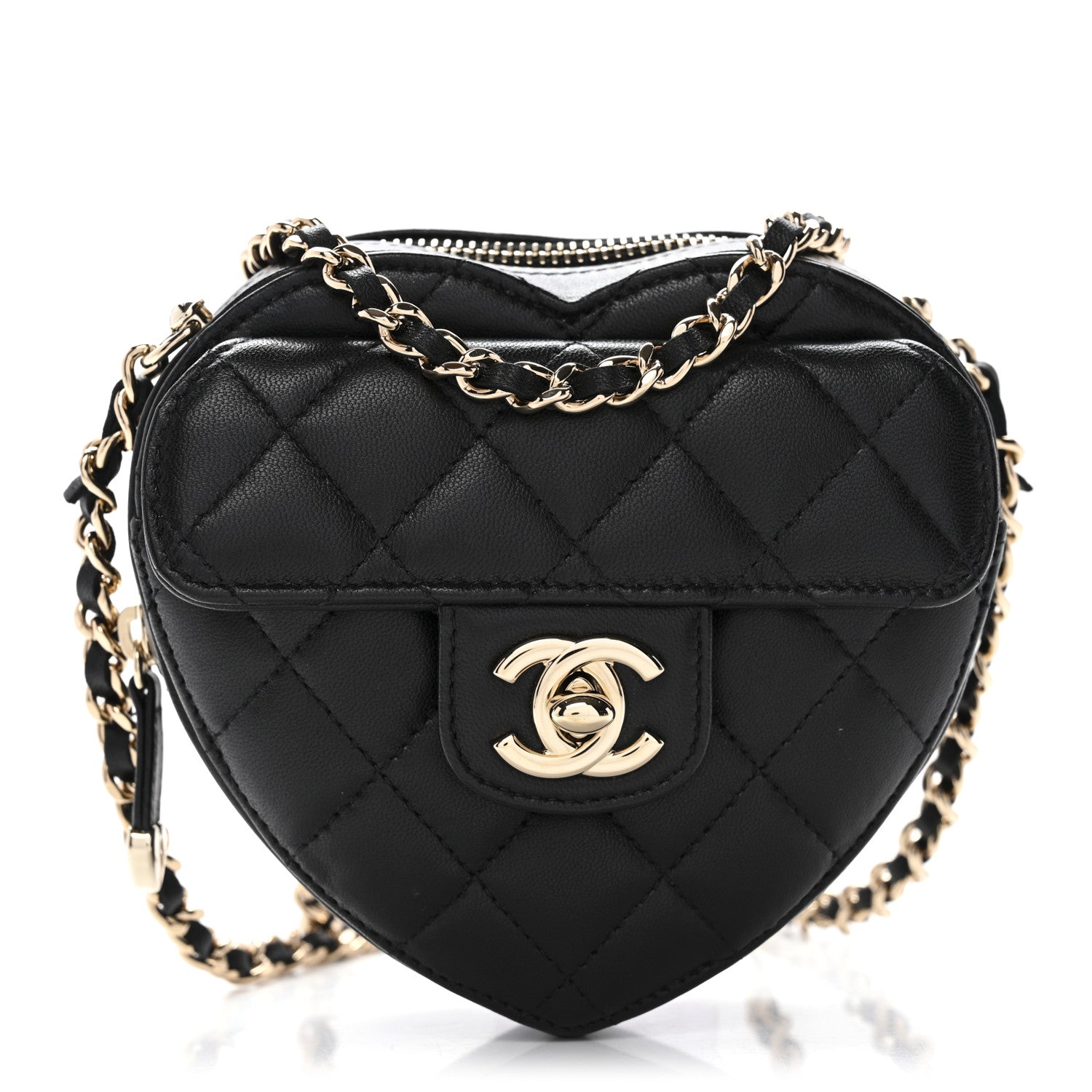 Chanel Lambskin Quilted CC In Love Heart Clutch With Chain Black