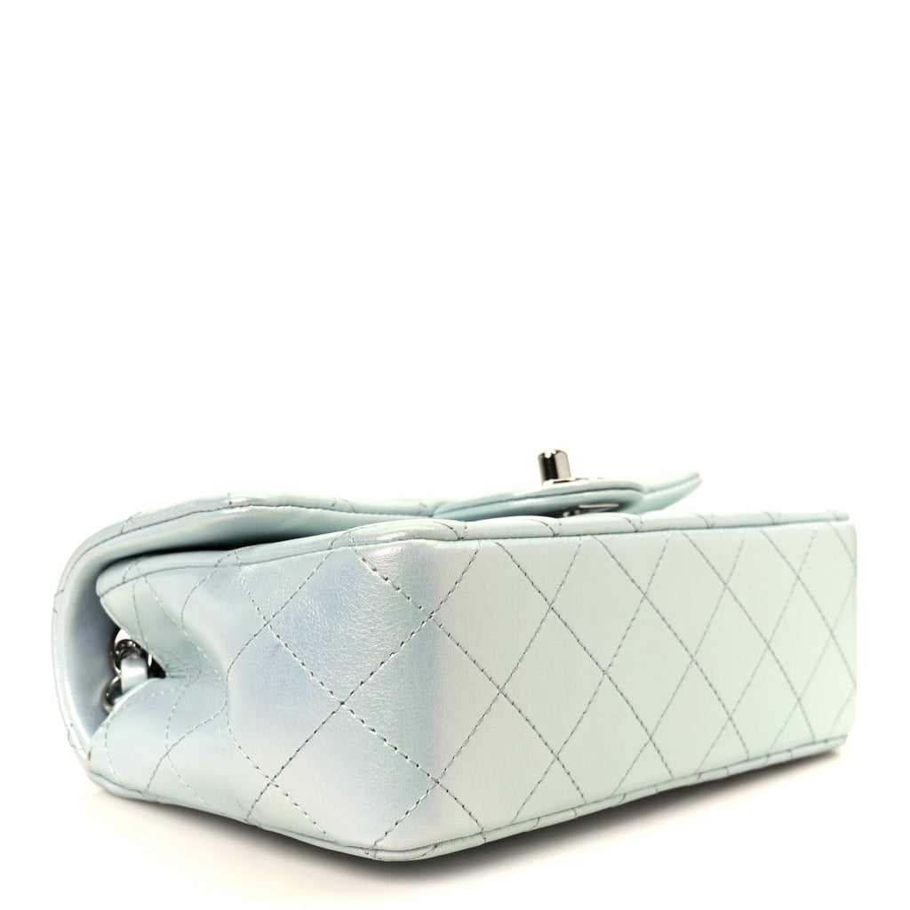 Chanel Iridescent Calfskin Quilted Mini Rectangular Flap Light Blue
