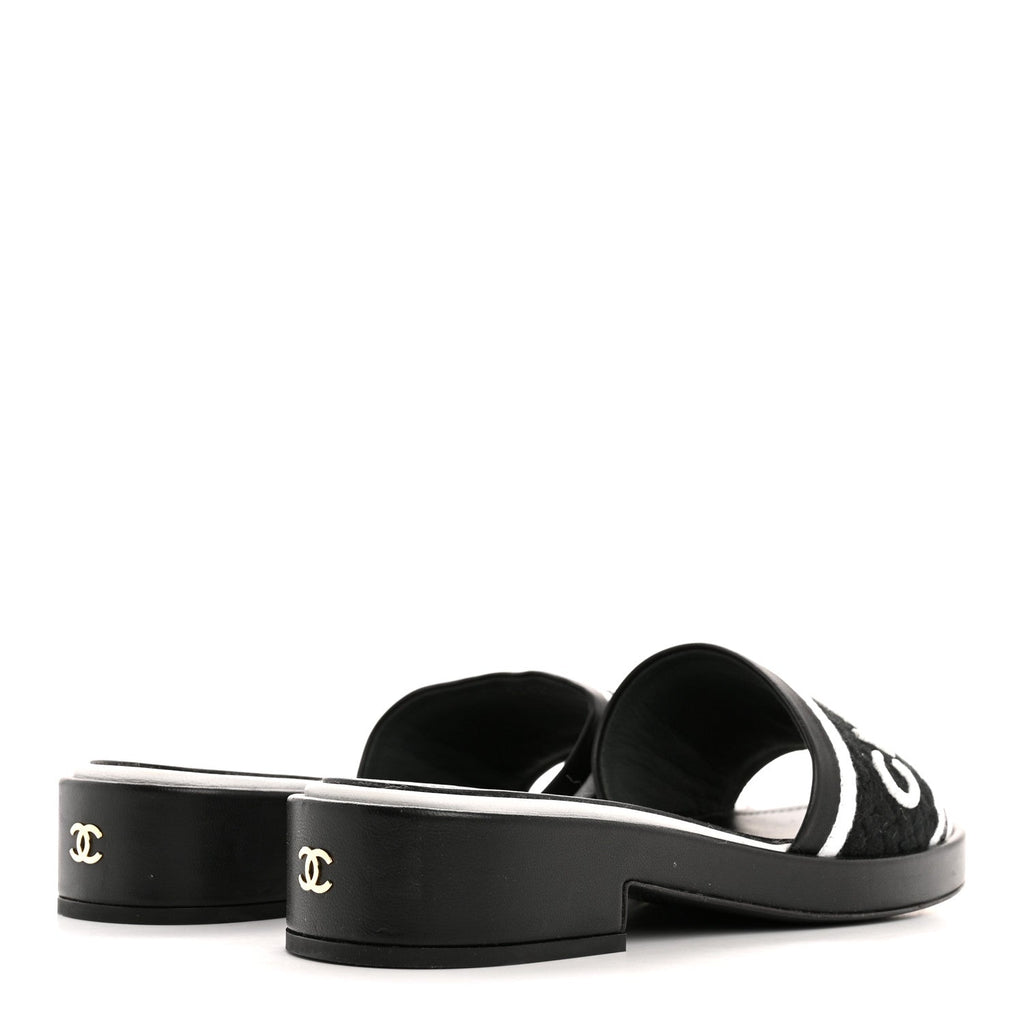 Lambskin Embroidered CC Mule Sandal 40 Black White