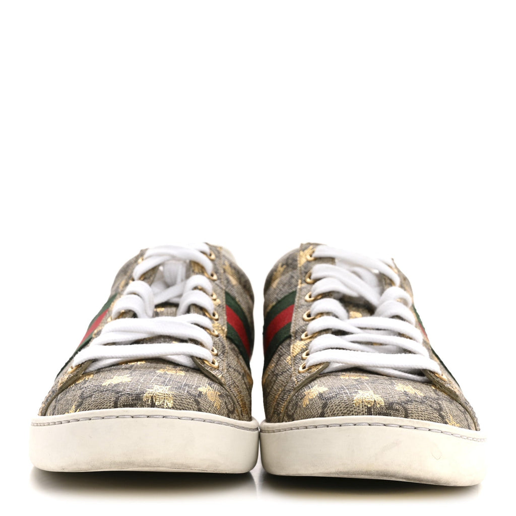 Gucci GG Supreme Monogram Bees Ayers Web Womens Ace Sneakers 37.5 Beige Oro Green Red