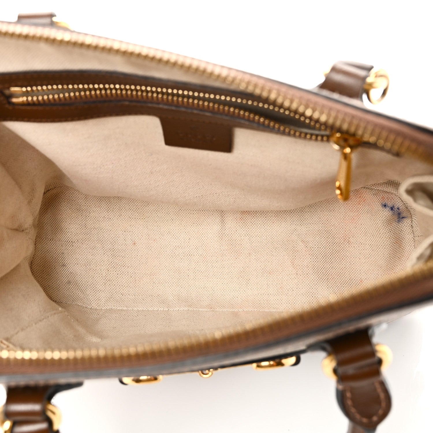 Gucci GG Supreme Monogram Azalea Calfskin Small Horsebit 1955 Top Handle Bag Beige Ebony Brown Sugar