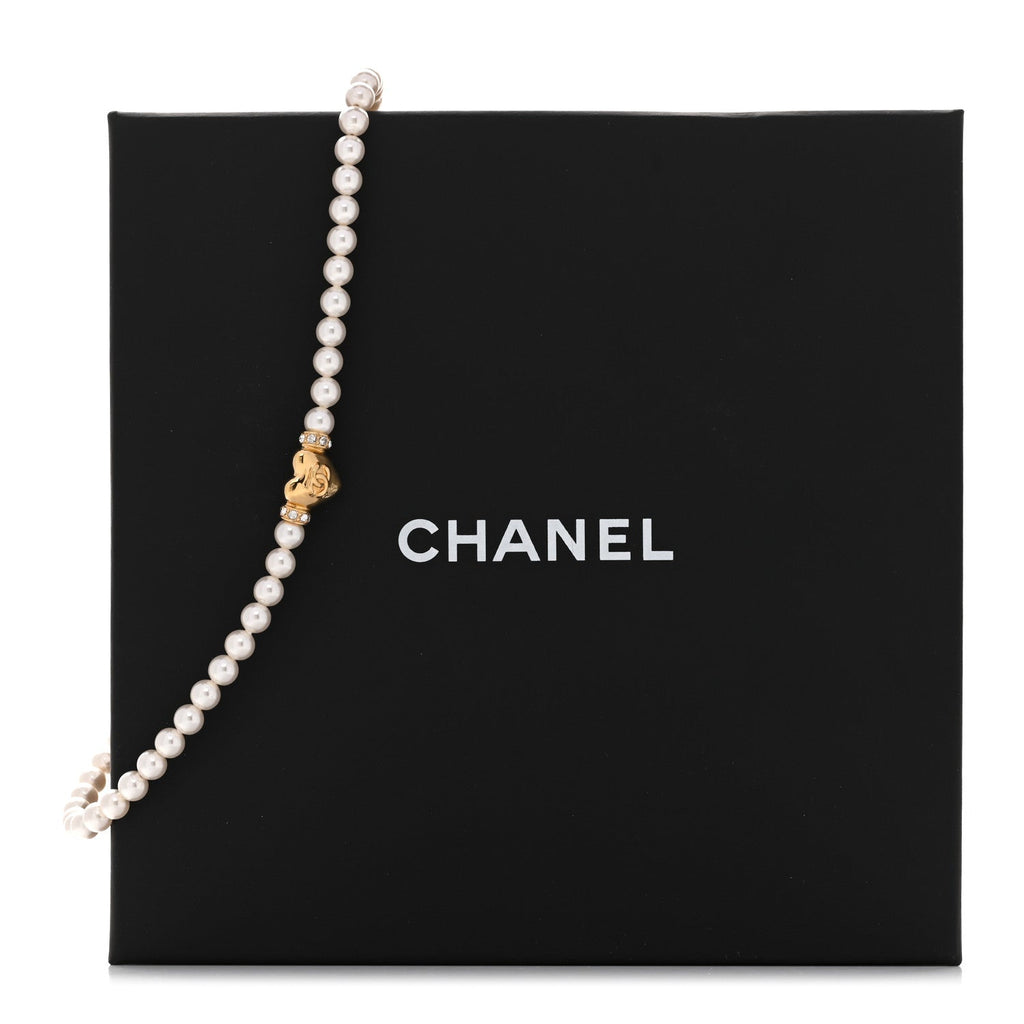 Crystal Pearl CC Heart Choker Necklace Gold
