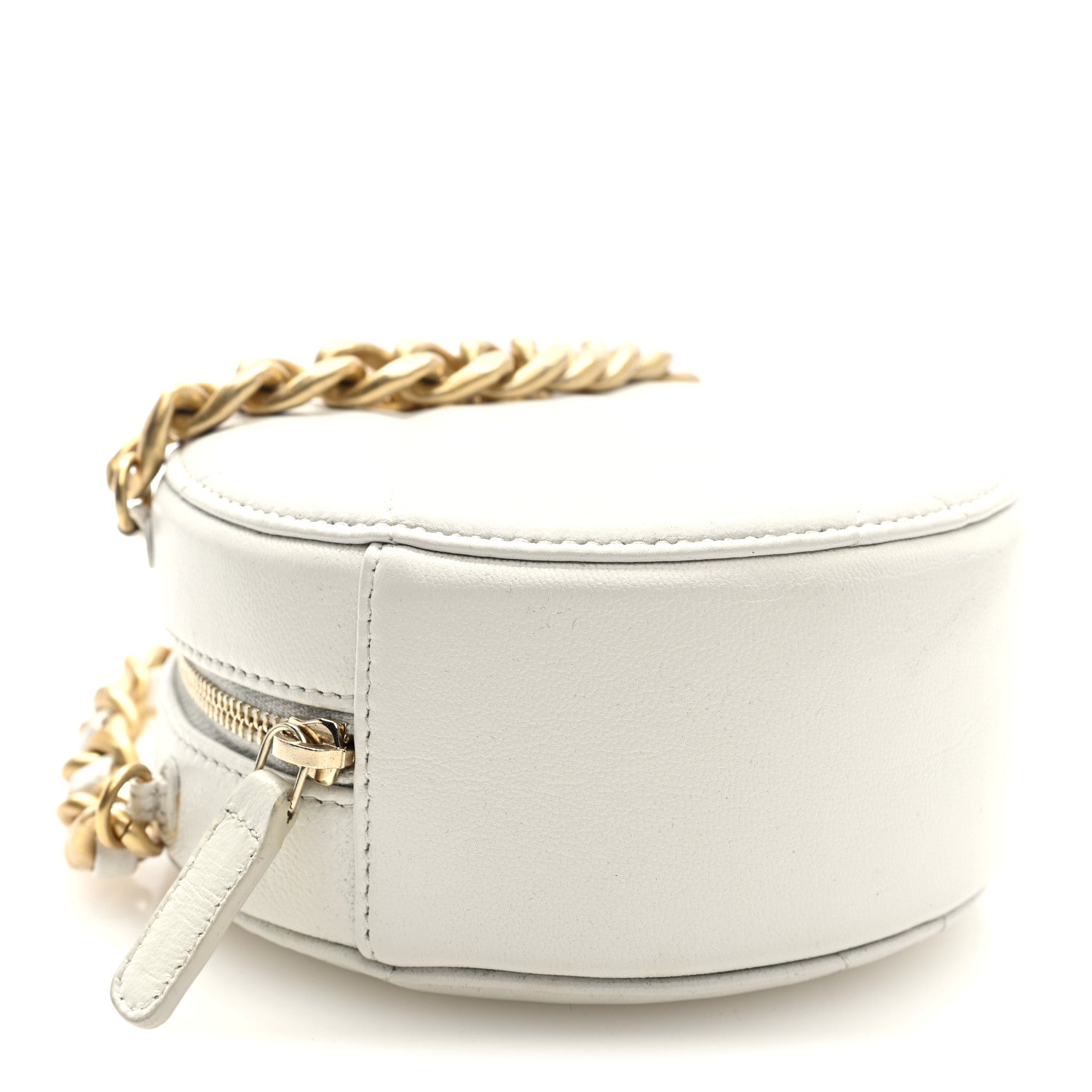 Chanel Shiny Goatskin Quilted Chanel 19 Round Clutch With Chain White